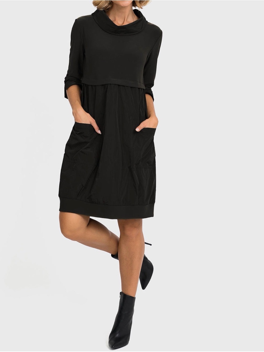 Joseph Ribkoff Black Elbow-Sleeve Mini Dress With Front Pockets Size 2